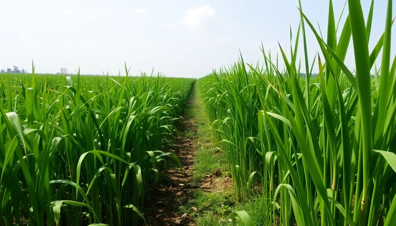 Tall green sugarcane plantation growing in rows, agricultural field